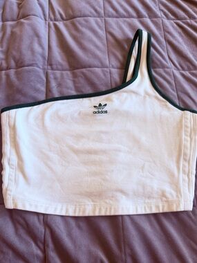 adidas White One-Shoulder Cropped Tank with Black Trim